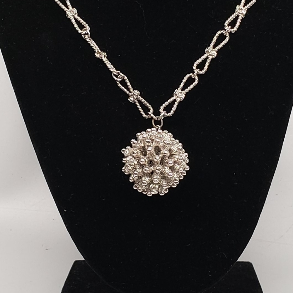Vintage D'Orlan Silver Metal Necklace with Orb Pendant Bow Knot Chain 70's Glam